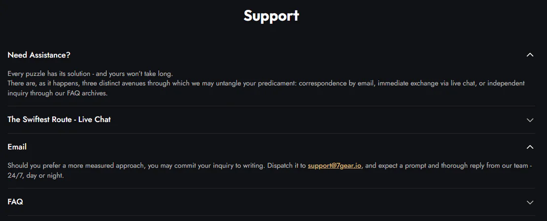 7Gear Casino customer support section featuring 24/7 live chat, email assistance at support@7gear.io and an FAQ section
