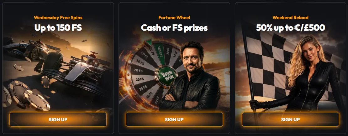 7Gear Casino promotions featuring Wednesday Free Spins up to 150 FS, Fortune Wheel cash and free spin prizes, and a 50% Weekend Reload bonus up to €500